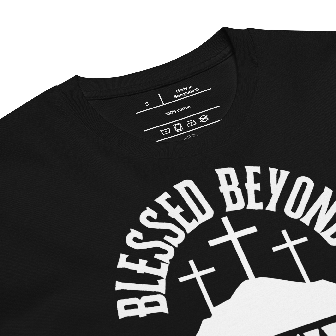 Blessed Beyond Measure Black Christian T-Shirt — black, label and care detail