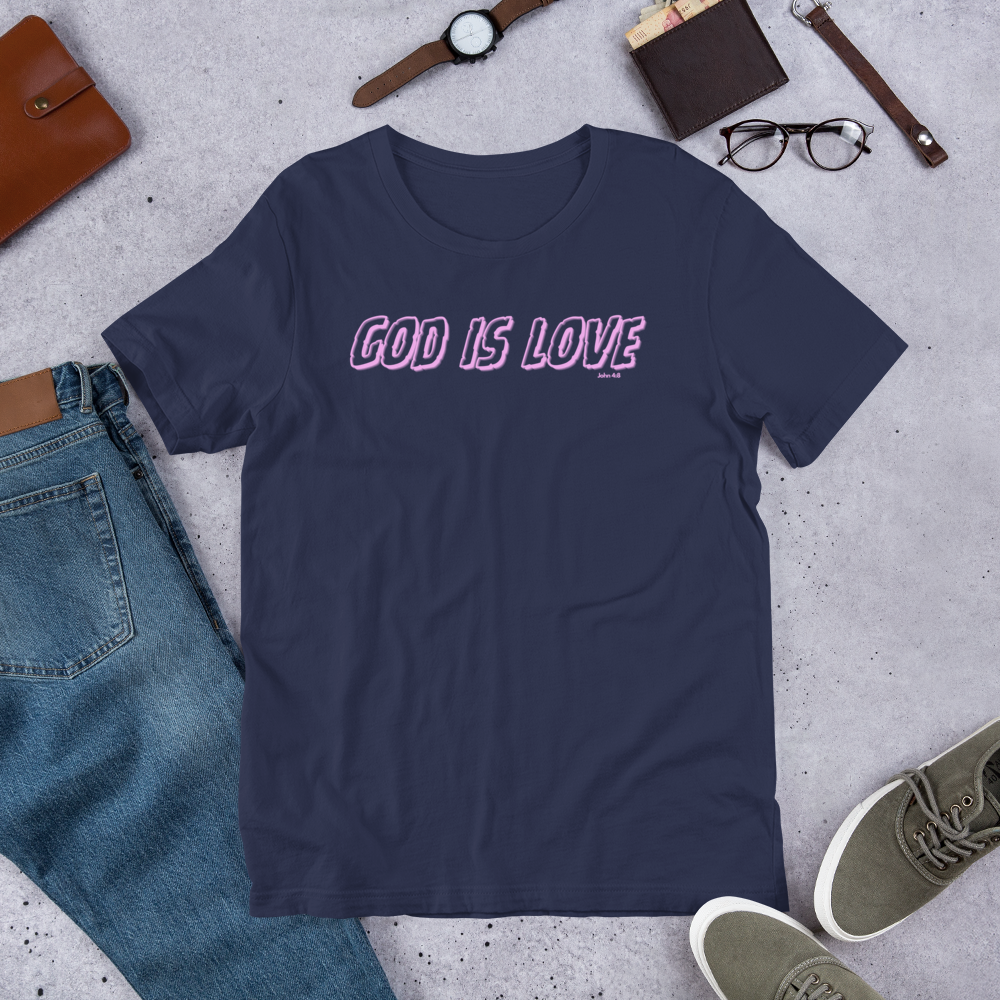 God Is Love 1 John 4:8 Navy Neon Christian T-Shirt — navy, lifestyle view