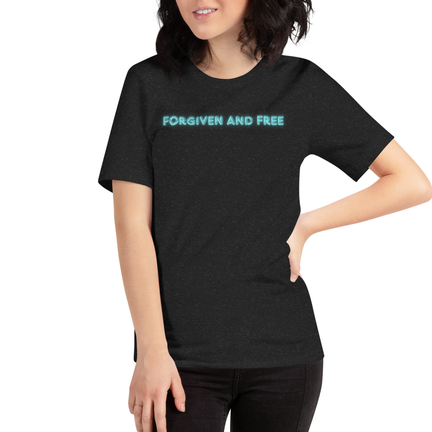 Forgiven and Free Ephesians 1:7 Christian T-Shirt — black heather, side view