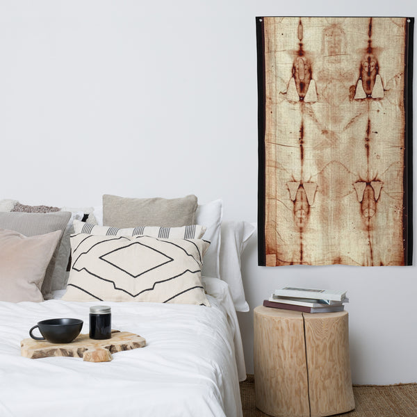 Shroud of Turin Replica Flag – Gospel Noir Study Print — white, front view. Gospel Noir Christian garden flag by Heavenly Crafted, Christian home and garden gift