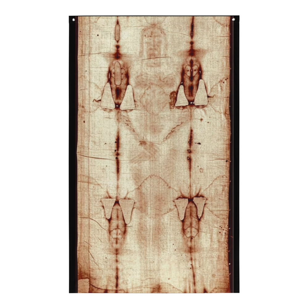 Shroud of Turin Replica Flag – Gospel Noir Study Print — white, front view 2