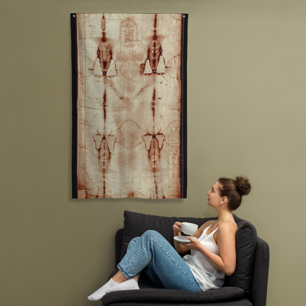 Shroud of Turin Replica Flag – Gospel Noir Study Print — white, hanging view