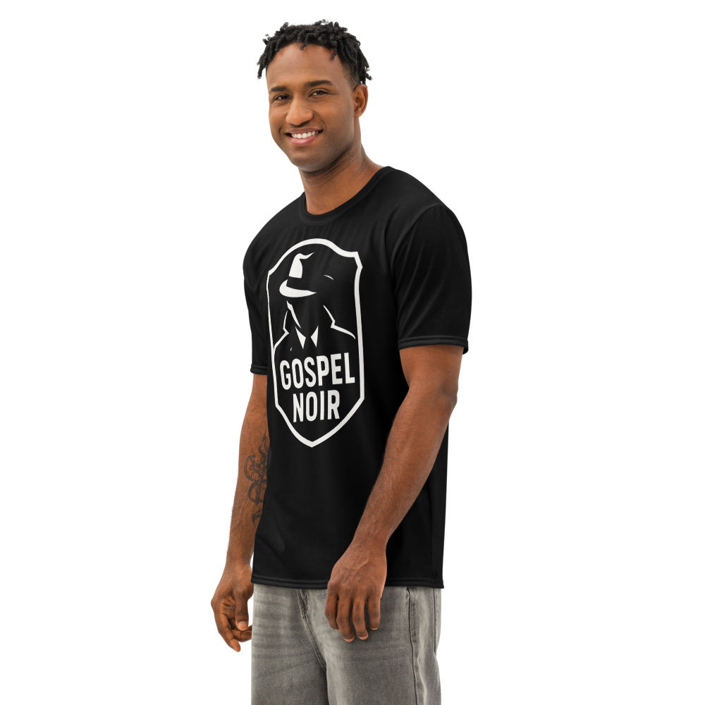 Gospel Noir Men’s Cotton Crew Neck T-Shirt — white, front left. Gospel Noir Christian T-shirt by Heavenly Crafted, film noir Christian apparel