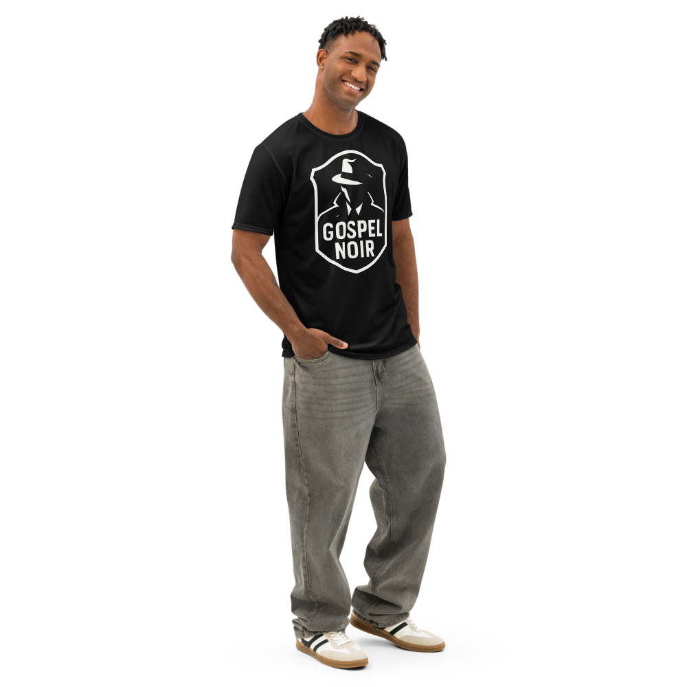 Gospel Noir Men’s Cotton Crew Neck T-Shirt — white, front right. Gospel Noir Christian T-shirt by Heavenly Crafted, Christmas Christian streetwear gift