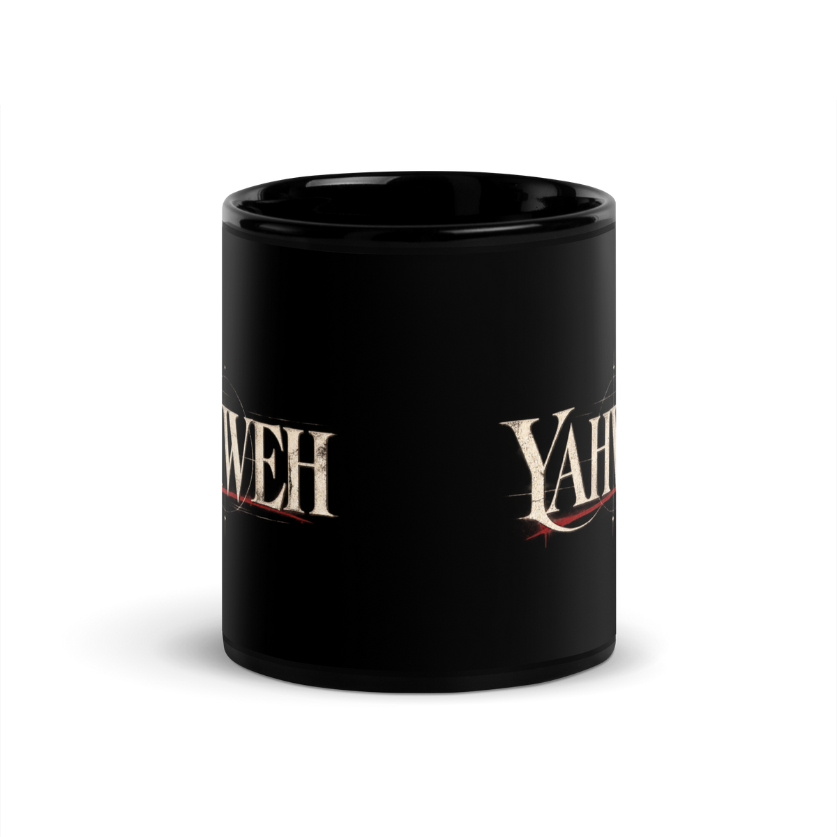 Yahweh Name of God black Christian mug by Gospel Noir, front product view.