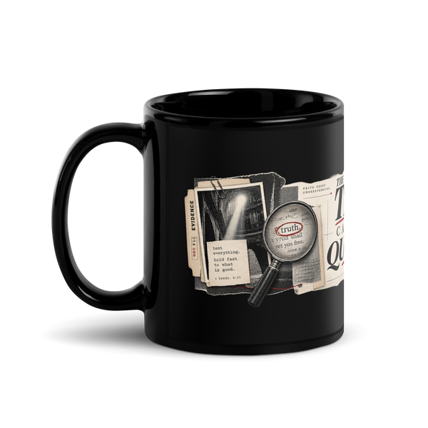 Test Everything black Christian discernment mug by Gospel Noir, left-side product view.