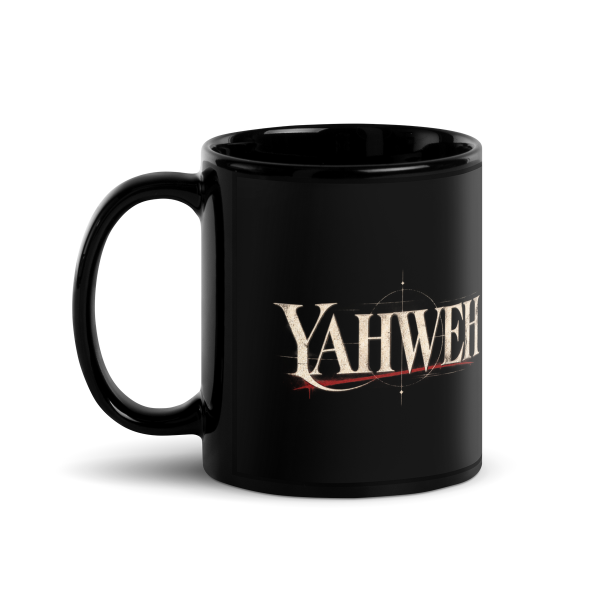 Yahweh Name of God black Christian mug by Gospel Noir, left-side product view.