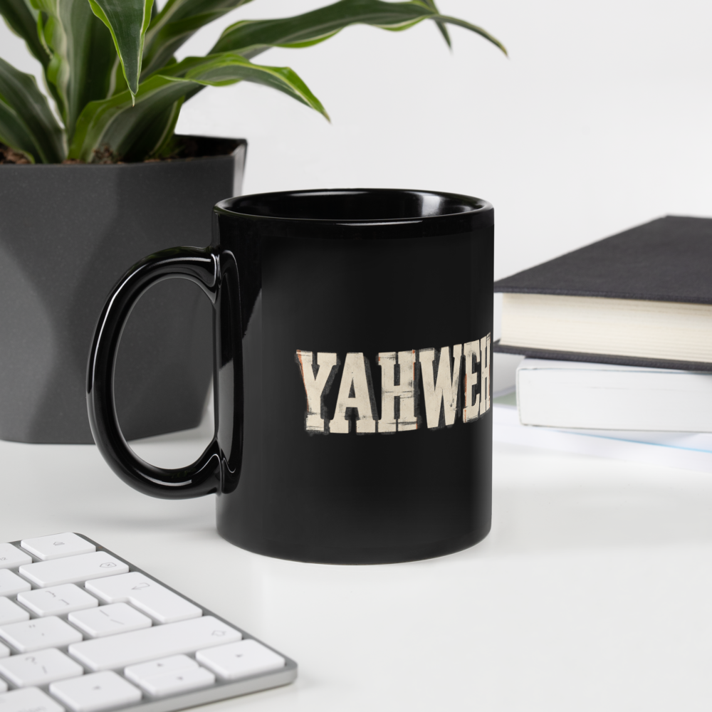 Yahweh Name of God Black Christian Mug — black, left handle on left. Gospel Noir Christian coffee mug by Heavenly Crafted, Christian gift under $30