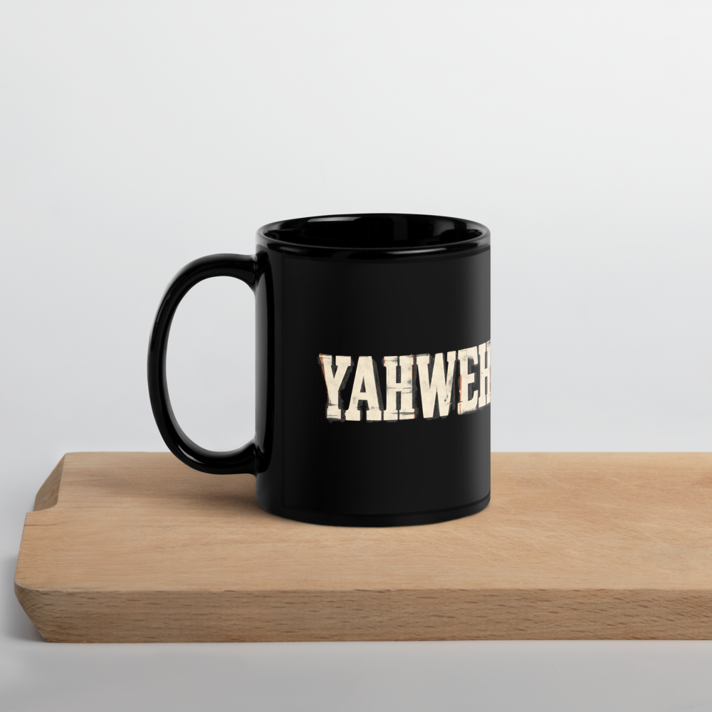 Yahweh Name of God Black Christian Mug — black, left handle on left. Gospel Noir Christian coffee mug by Heavenly Crafted, Christmas Christian gift
