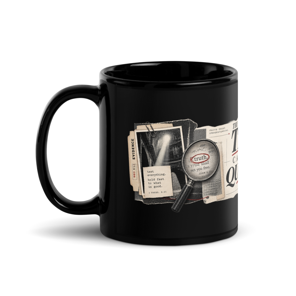 Test Everything Christian Discernment Mug — black, left handle on left. Gospel Noir Christian coffee mug by Heavenly Crafted, Christian gift under $30