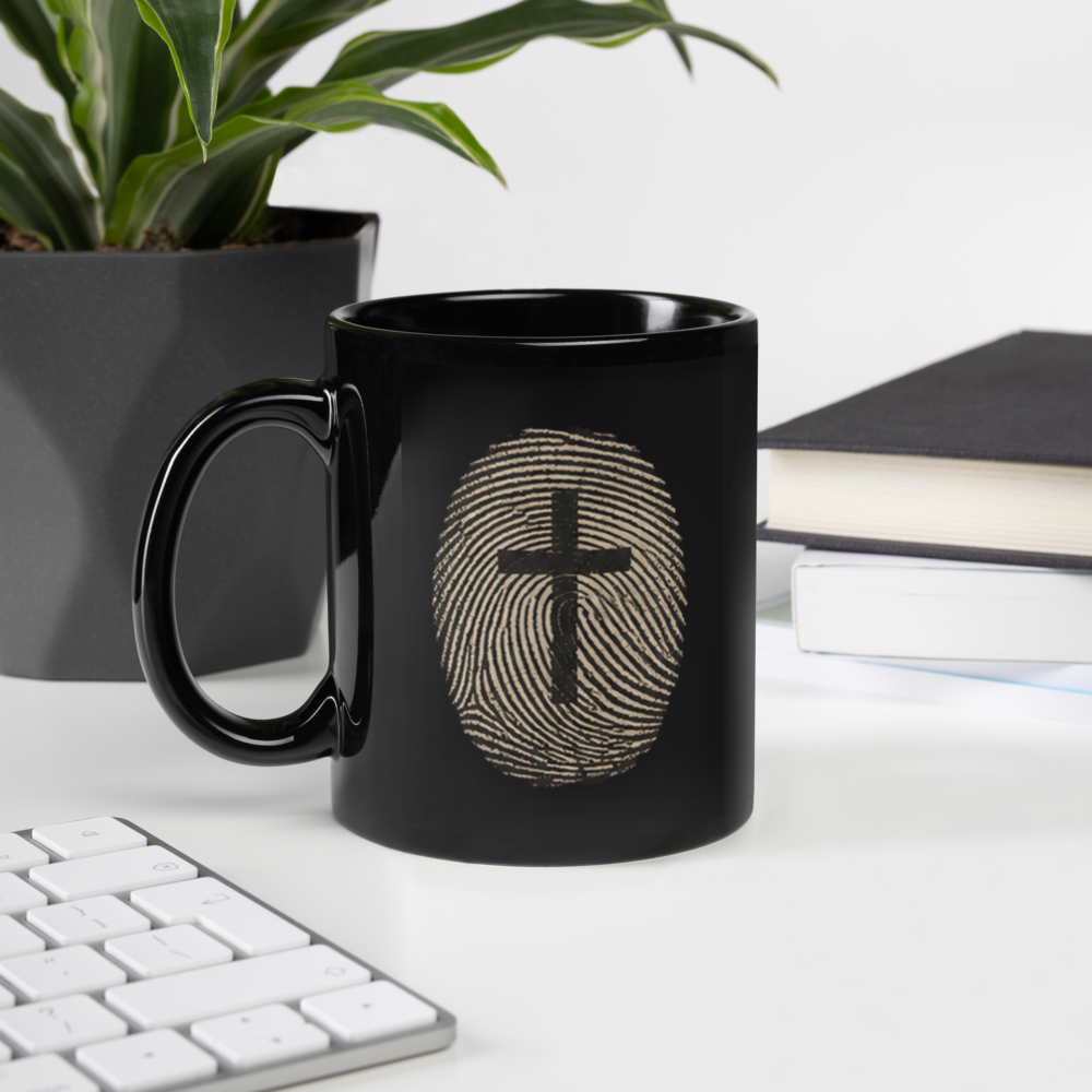 Unsolved? He Is Risen Black Christian Mug – 11 oz — black, left handle on left. Gospel Noir Christian coffee mug by Heavenly Crafted, faith-based drinkware