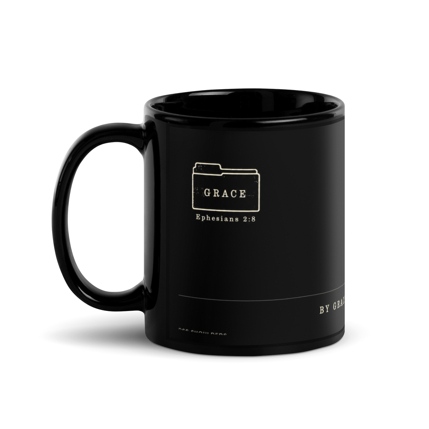 Filed Under Grace Ephesians 2:8 Black Christian Mug – 11 oz — black, left-handle view