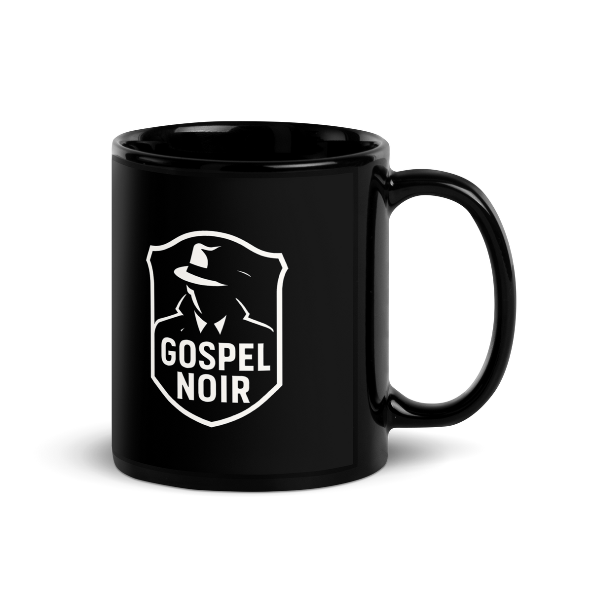 Gospel Noir Black Christian Mug – 11 oz Ceramic Coffee Cup — black, right-handle view