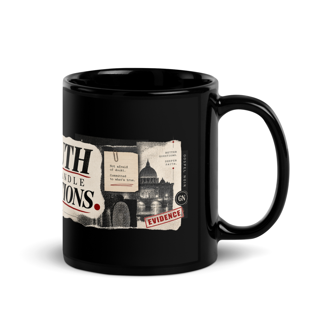Test Everything black Christian discernment mug by Gospel Noir, right-side product view.