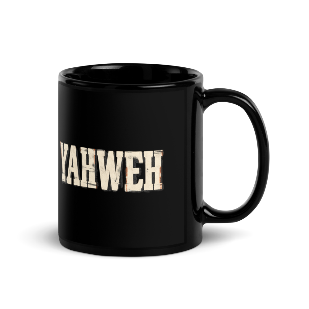 Yahweh Name of God Black Christian Mug — black, right handle on right. Gospel Noir Christian coffee mug by Heavenly Crafted, Bible verse coffee mug