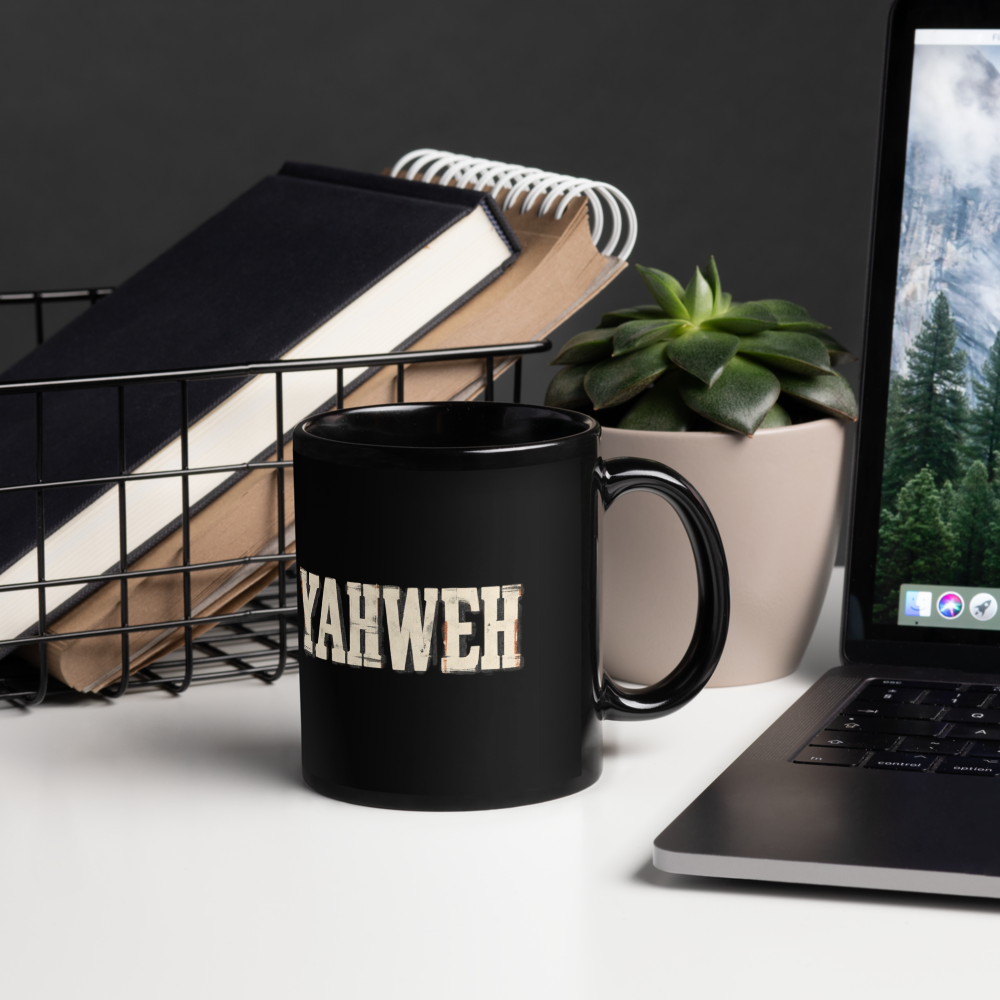 Yahweh Name of God Black Christian Mug — black, right handle on right. Gospel Noir Christian coffee mug by Heavenly Crafted, faith-based drinkware