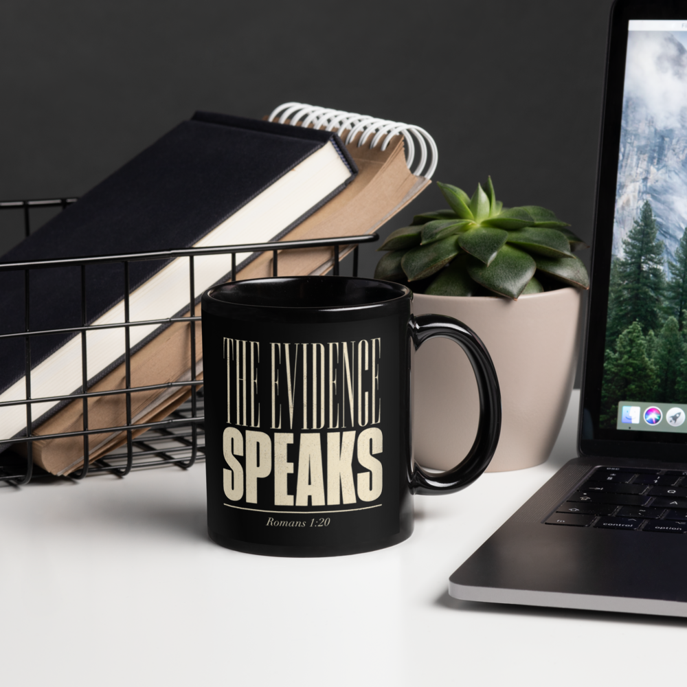 The Evidence Speaks Romans 1:20 Black Christian Mug – 11 oz — black, right handle on right. Gospel Noir Christian coffee mug by Heavenly Crafted, Bible verse coffee mug