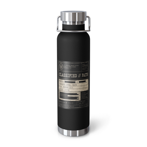 Classified Evidence 22 oz Copper Vacuum Insulated Bottle — black, front view. Gospel Noir Christian travel mug by Heavenly Crafted, film noir Christian mug