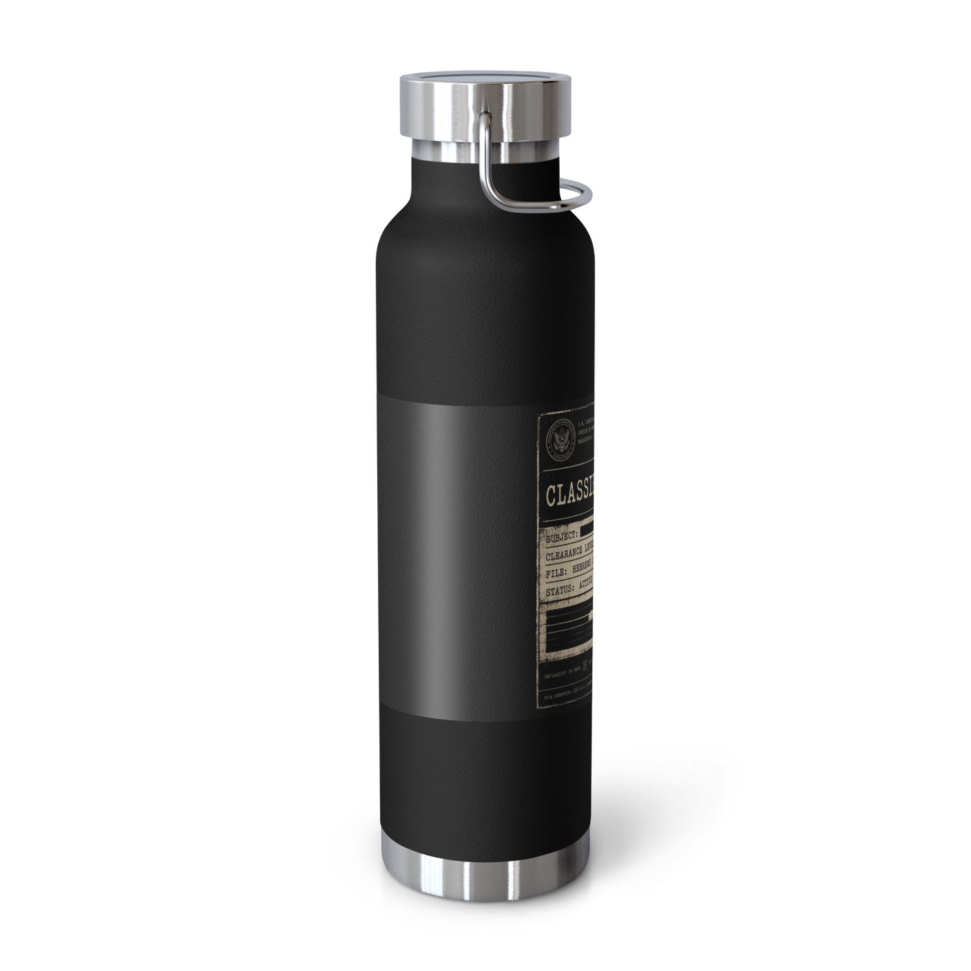 Classified Evidence 22 oz insulated bottle — black, left-side view
