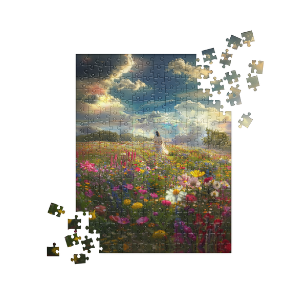 Jesus in a Field of Flowers Christian Jigsaw Puzzle – 252 Pieces — front view