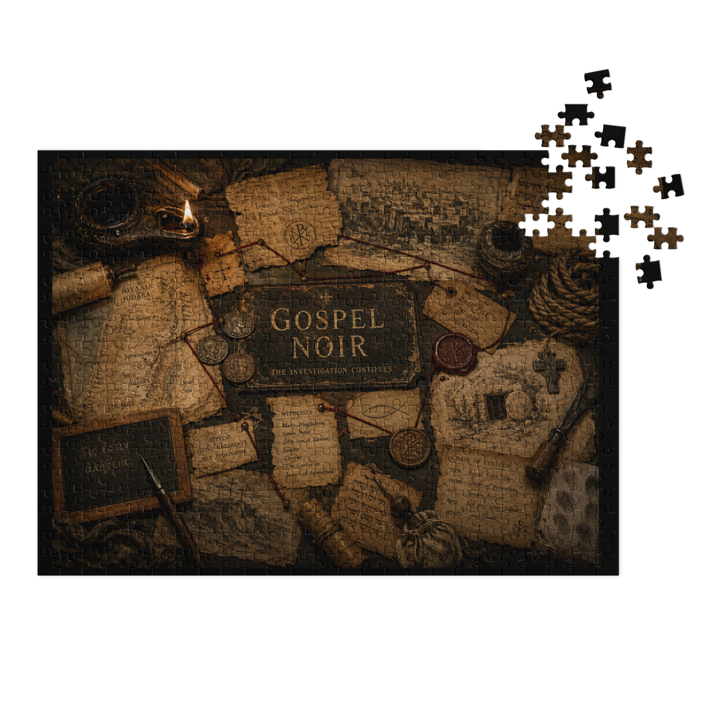 Gospel Noir Christian 500-piece jigsaw puzzle with metal storage tin, finished artwork product view.