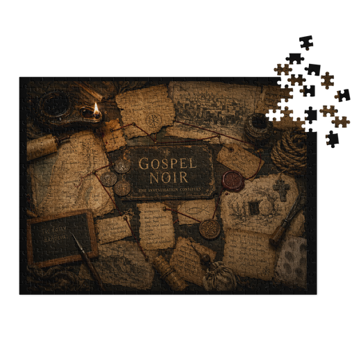 Gospel Noir Christian 500-piece jigsaw puzzle with metal storage tin, finished artwork product view.