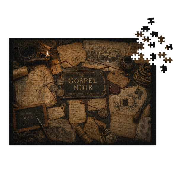 Gospel Noir Christian 500-piece jigsaw puzzle with metal storage tin, finished artwork product view.