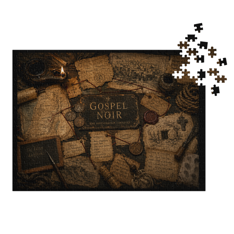 Gospel Noir Christian 500-piece jigsaw puzzle with metal storage tin, finished artwork product view.