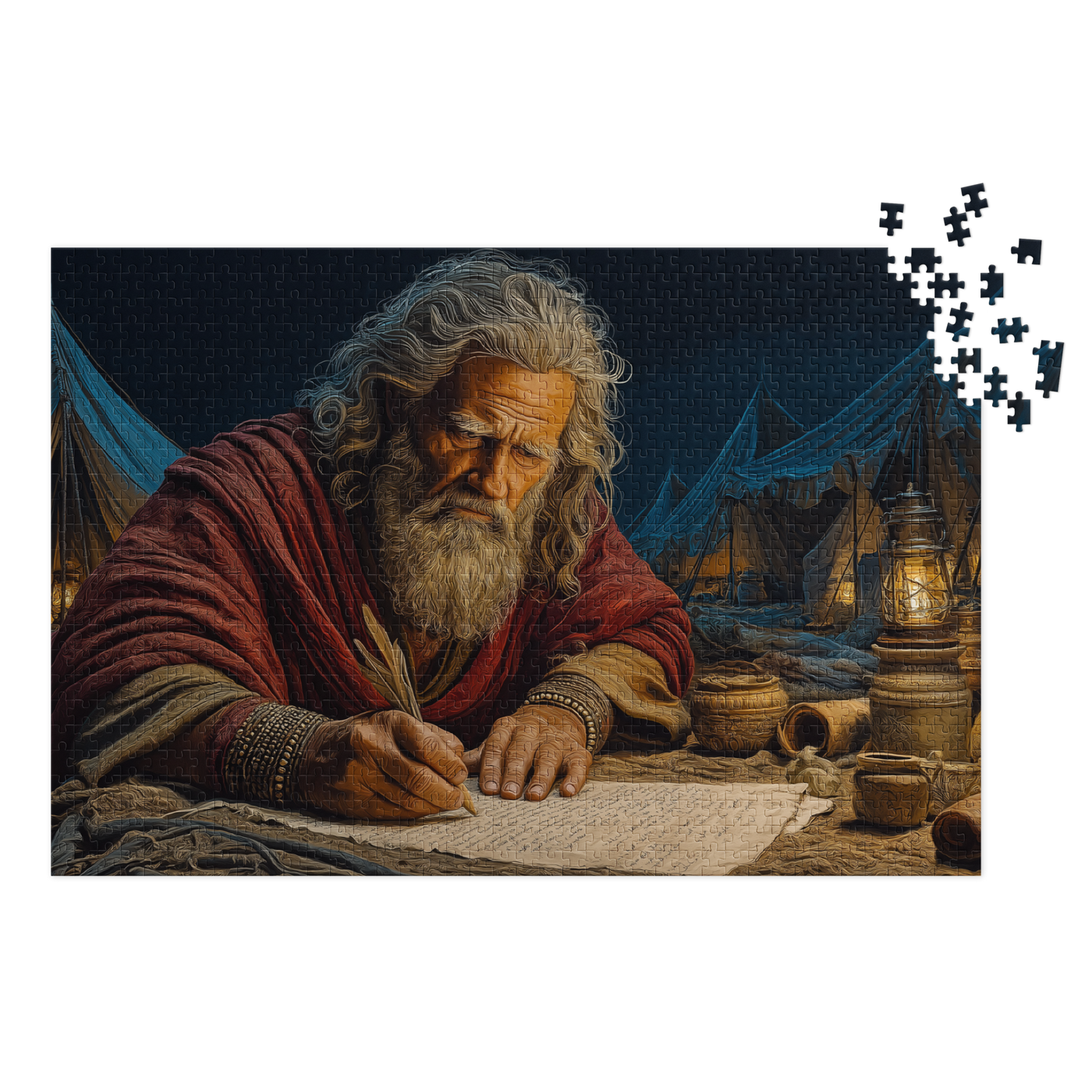 Moses Writing Christian 1000-piece jigsaw puzzle with metal tin and Bible-inspired artwork.