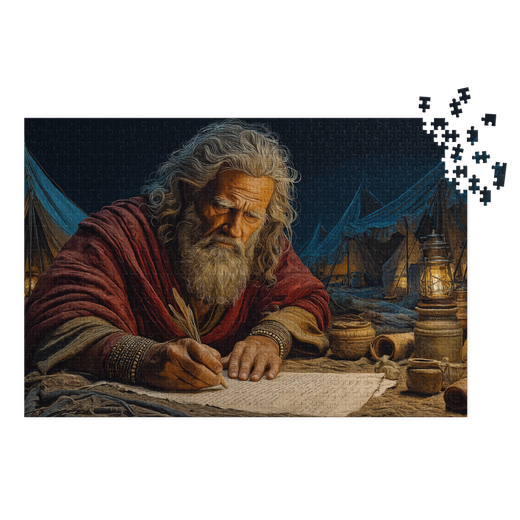 Moses Writing Christian 1000-piece jigsaw puzzle with metal tin and Bible-inspired artwork.