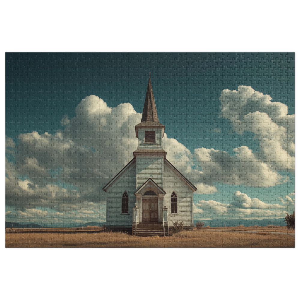 Christian Church Jigsaw Puzzle with Tin — 1000 Pieces — white, front. Gospel Noir Christian jigsaw puzzle by Heavenly Crafted, Christmas Christian family gift