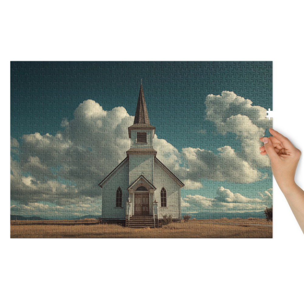 Christian Church Jigsaw Puzzle with Tin — 1000 Pieces — white, front. Gospel Noir Christian jigsaw puzzle by Heavenly Crafted, film noir Christian art puzzle