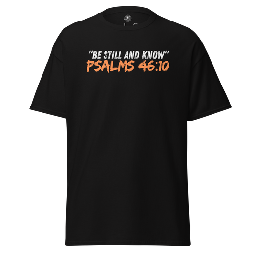 Be Still and Know Psalm 46:10 Black Christian T-Shirt — black, product mockup. Gospel Noir Christian T-shirt by Heavenly Crafted, Christian streetwear