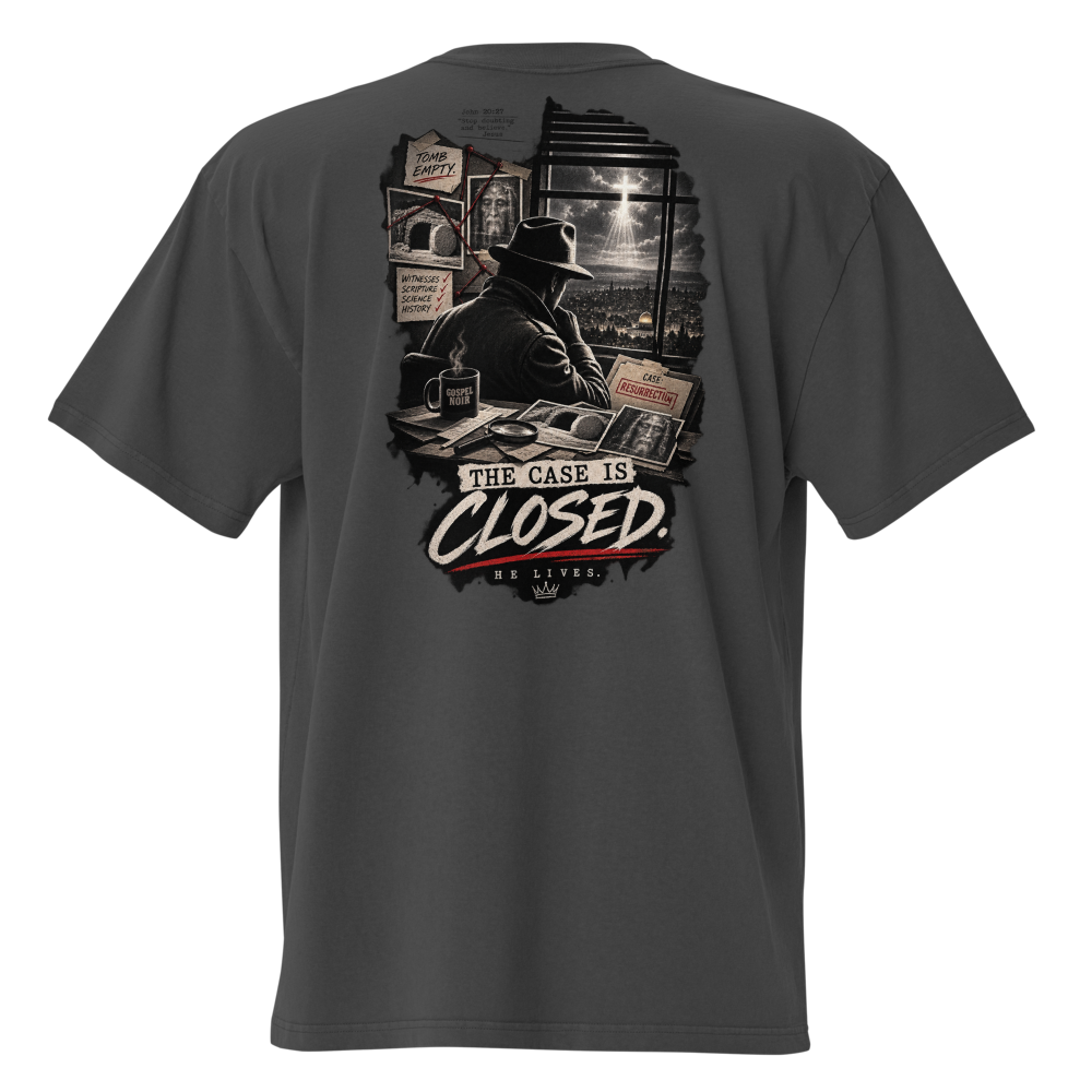Case Closed Gospel Noir Oversized Faded Christian T-Shirt — Brand Edition — black, back. Gospel Noir Christian T-shirt by Heavenly Crafted, Christian streetwear