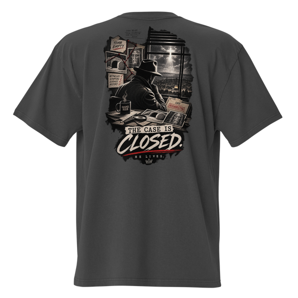 Case Closed Gospel Noir Oversized Faded Christian T-Shirt — Brand Edition — black, back. Gospel Noir Christian T-shirt by Heavenly Crafted, Christian streetwear