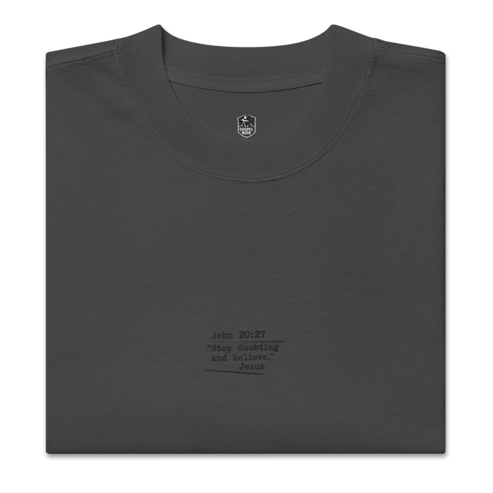 Case Closed Gospel Noir Oversized Faded Christian T-Shirt — Brand Edition — black, front. Gospel Noir Christian T-shirt by Heavenly Crafted, faith-based apparel for men and women