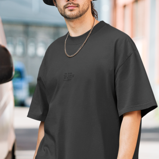 Case Closed Gospel Noir Oversized Faded Christian T-Shirt — Brand Edition — black, front. Gospel Noir Christian T-shirt by Heavenly Crafted, Christian streetwear