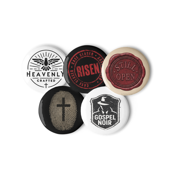 Gospel Noir Christian pin button set — five faith-inspired pin designs