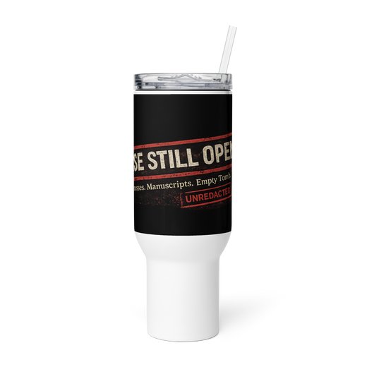Case Not Closed 40 oz Christian travel mug — white, front view