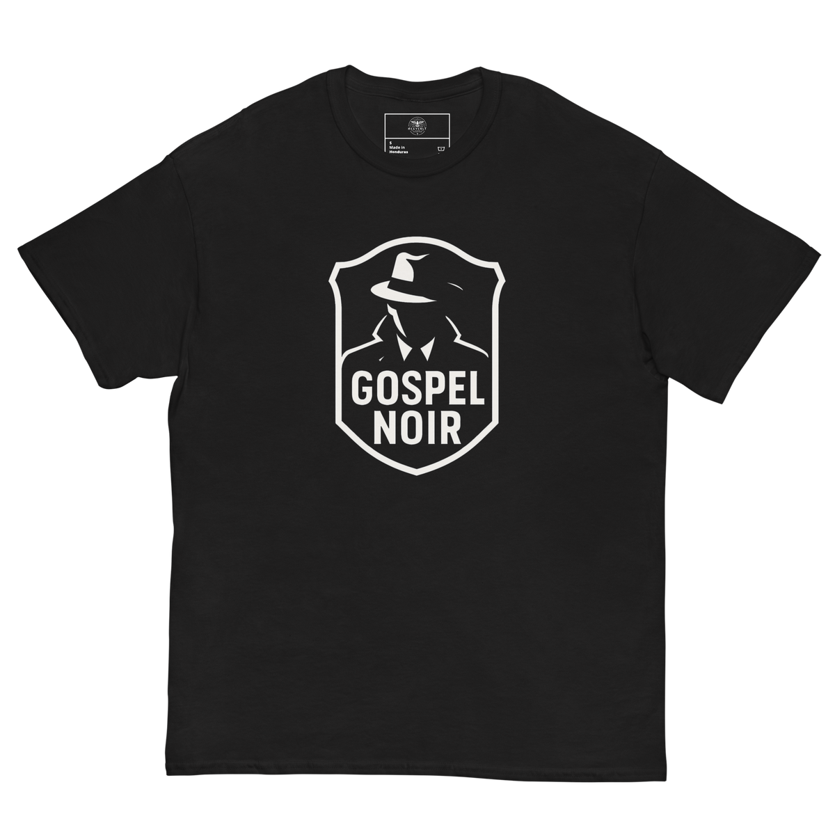 Gospel Noir Logo T-Shirt – Black Christian Streetwear Tee — black, flat-lay view