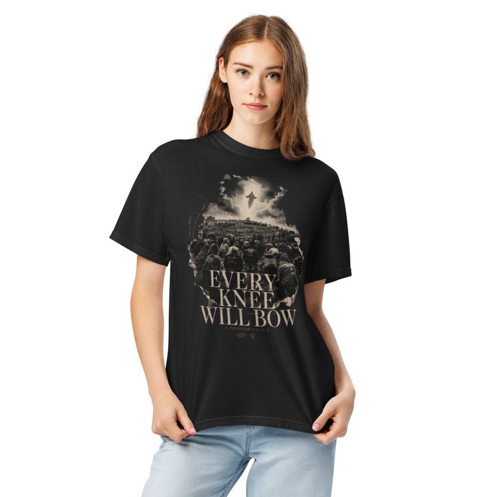 Philippians 2:10 Christian Heavyweight T-Shirt — Every Knee — black, front. Gospel Noir Christian T-shirt by Heavenly Crafted, Bible verse shirt