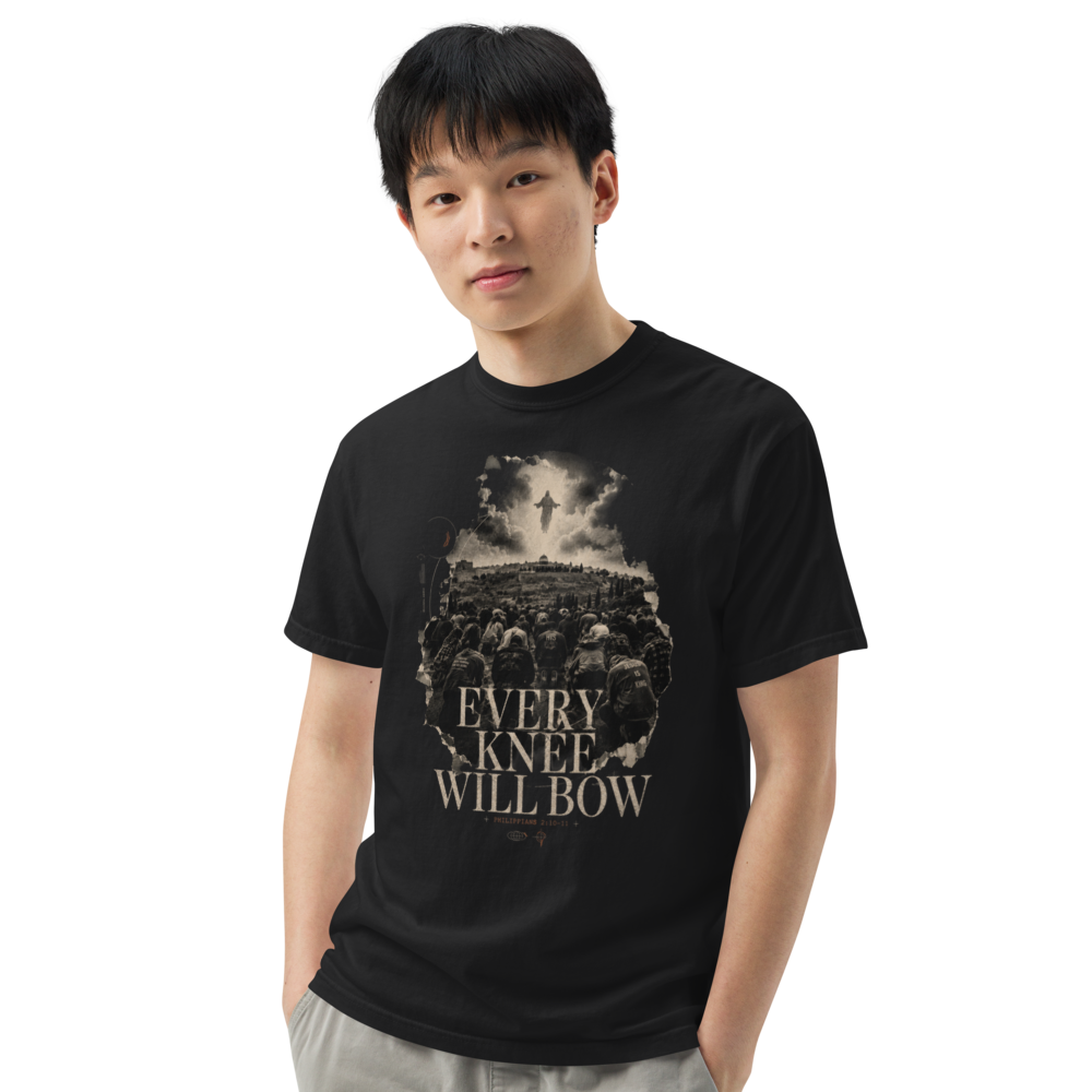 Philippians 2:10 Christian Heavyweight T-Shirt — Every Knee — black, front. Gospel Noir Christian T-shirt by Heavenly Crafted, Christian streetwear