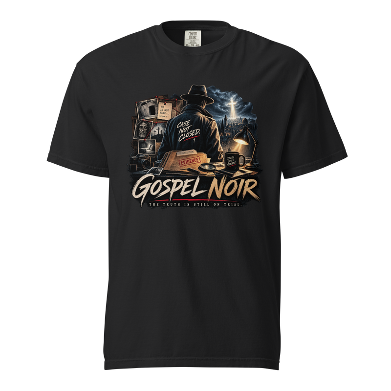 The Case Is Still Open Gospel Noir Christian heavyweight T-shirt, black front view.