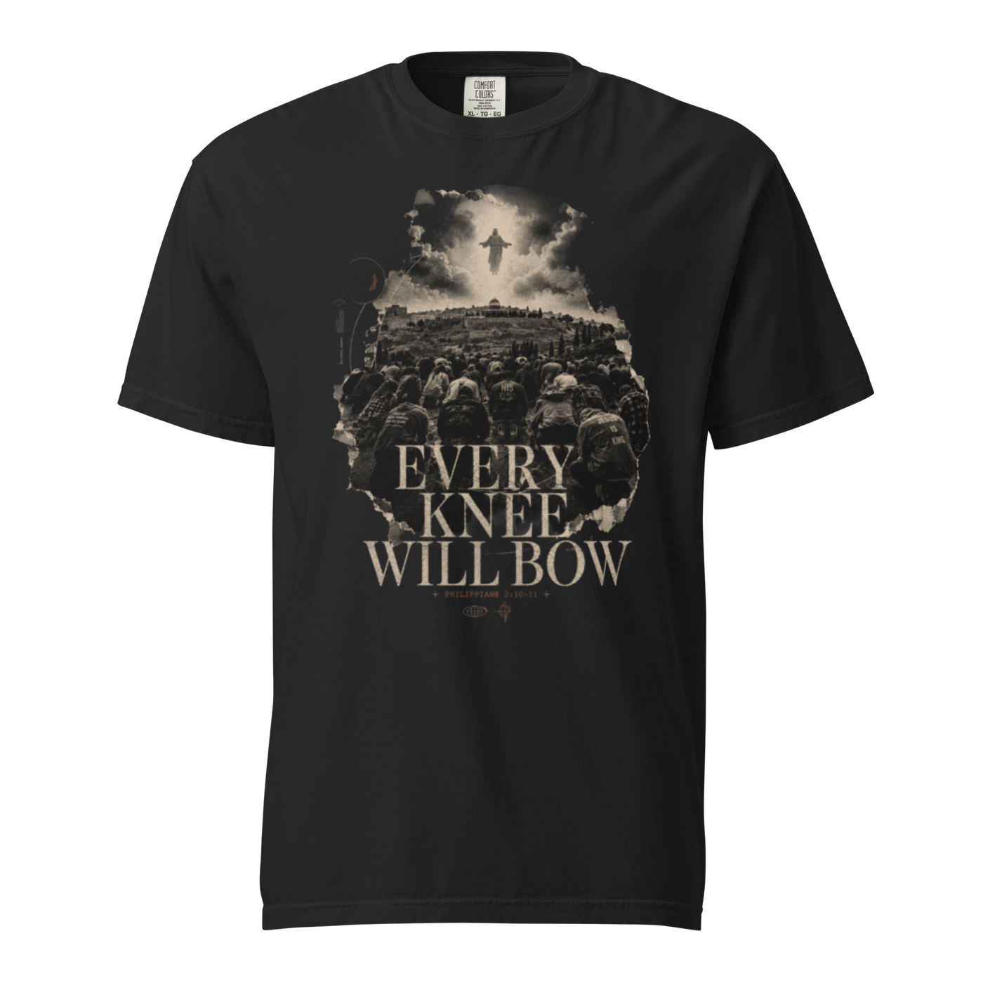 Every Knee Philippians 2:10 Christian heavyweight T-shirt, black front view.