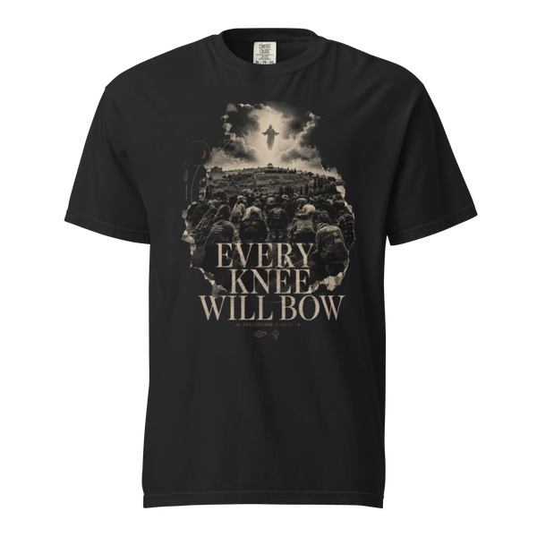 Every Knee Philippians 2:10 Christian heavyweight T-shirt, black front view.