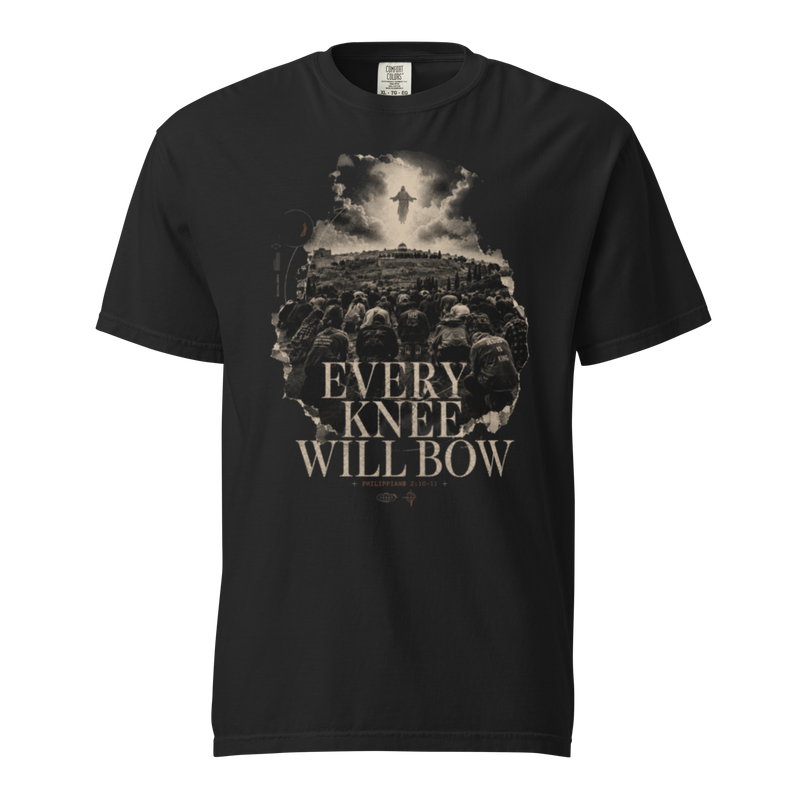 Every Knee Philippians 2:10 Christian heavyweight T-shirt, black front view.