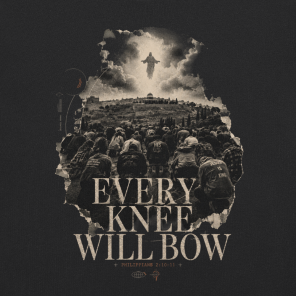 Philippians 2:10 Christian Heavyweight T-Shirt — Every Knee — black, front. Gospel Noir Christian T-shirt by Heavenly Crafted, film noir Christian apparel