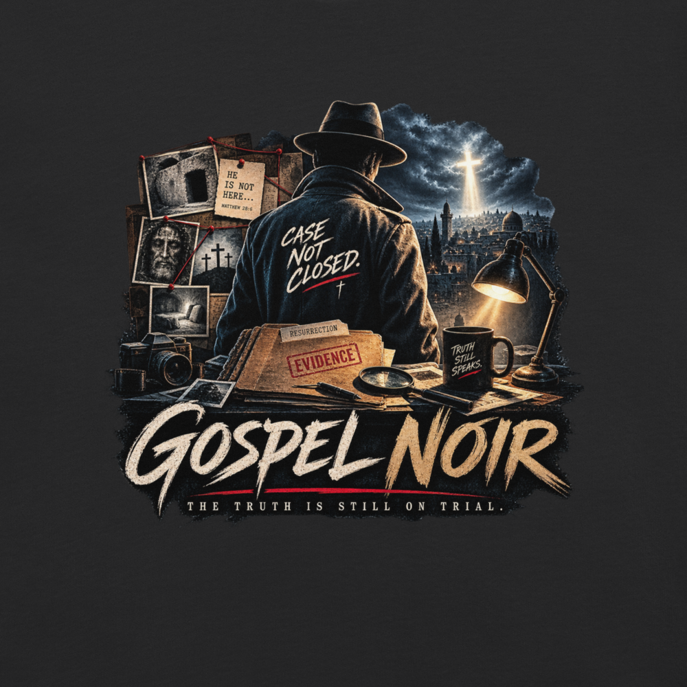 The Case Is Still Open Christian Heavyweight T-Shirt — black, front. Gospel Noir Christian T-shirt by Heavenly Crafted, film noir Christian apparel