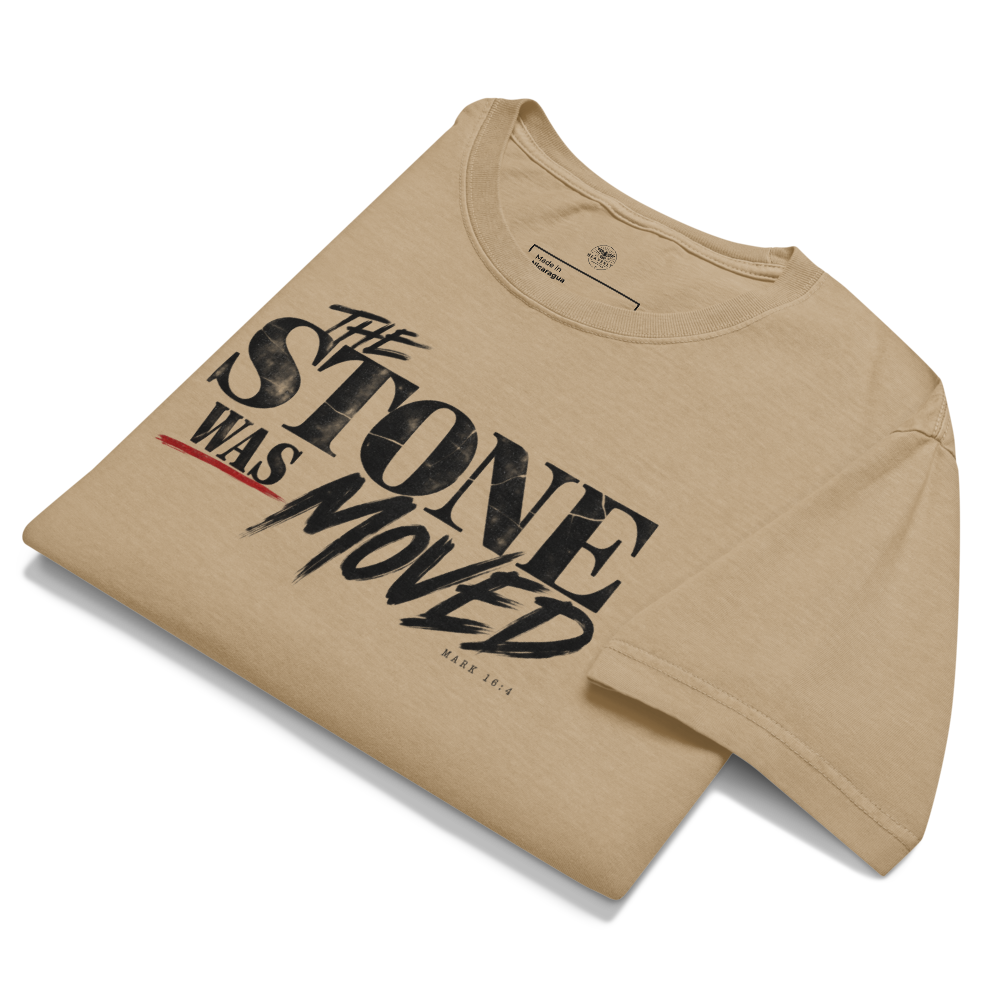 The Stone Was Gone by Morning Christian oversized T-shirt — khaki, alternate front view