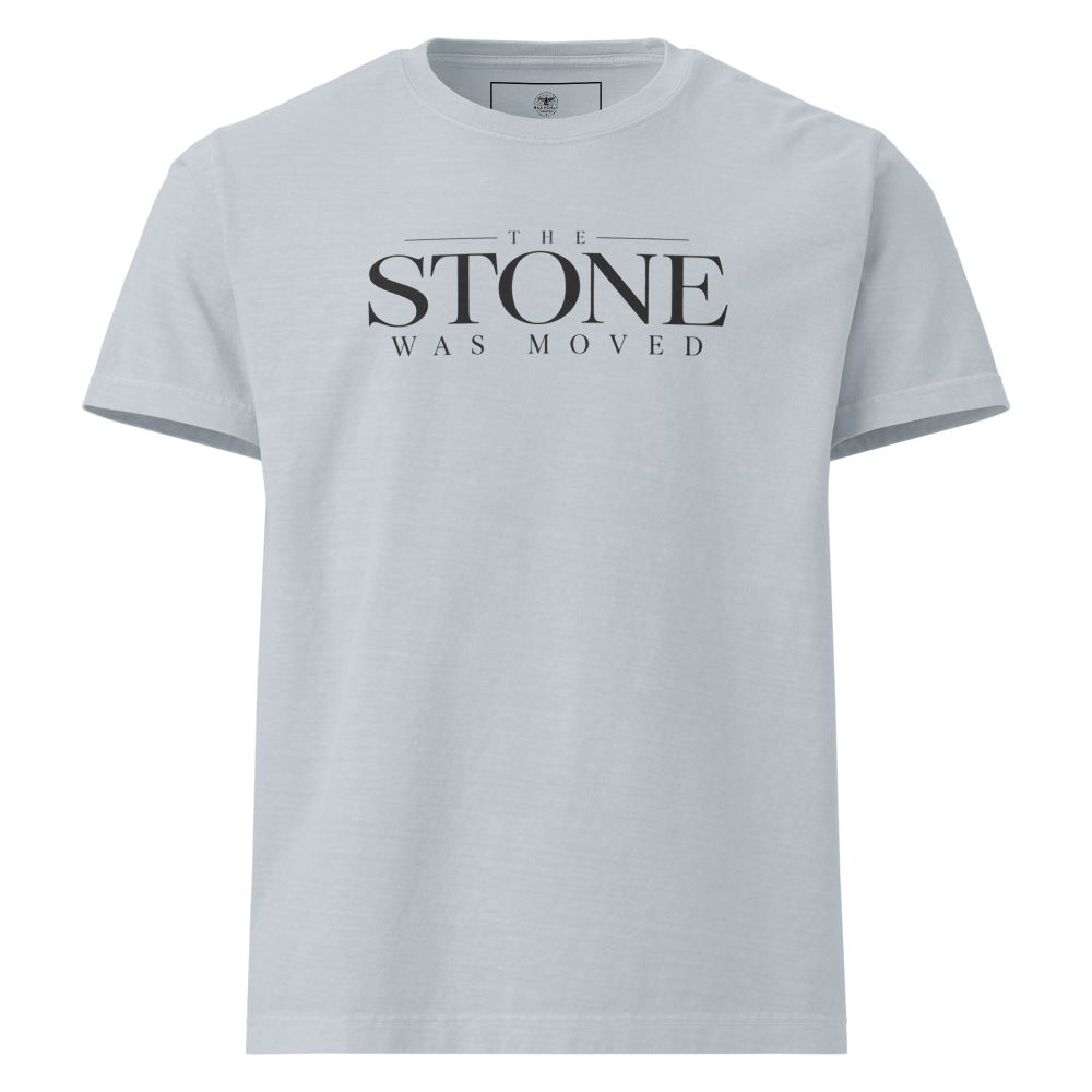 The Stone Was Gone by Morning Christian Resurrection Oversized T-Shirt — front. Gospel Noir Christian T-shirt by Heavenly Crafted, Christmas Christian streetwear gift